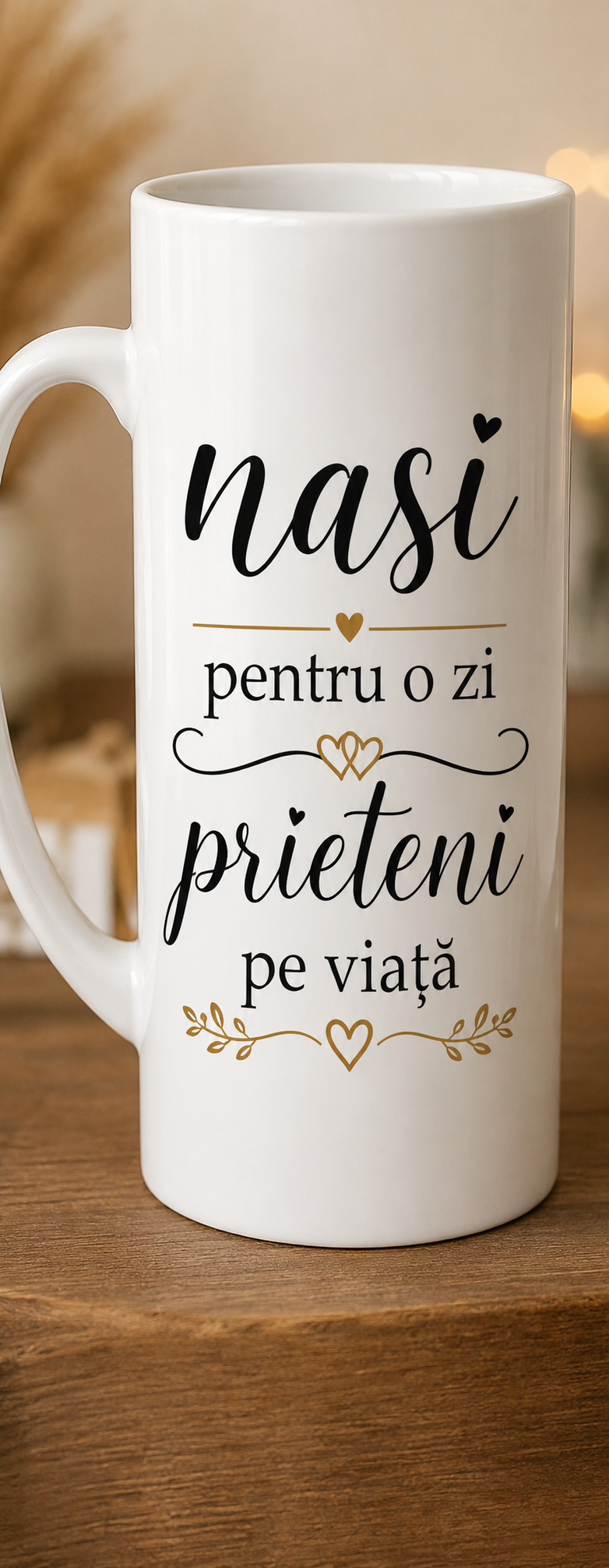 Cană personalizată – „Nași pentru o zi, prieteni pe viață” ☕💛